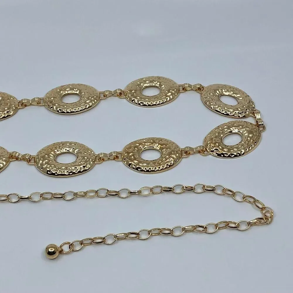 Vintage Y2K Boho Gold Hammered Open Oval Chain Belt, Up to 42.5 Inches, X7GA1146